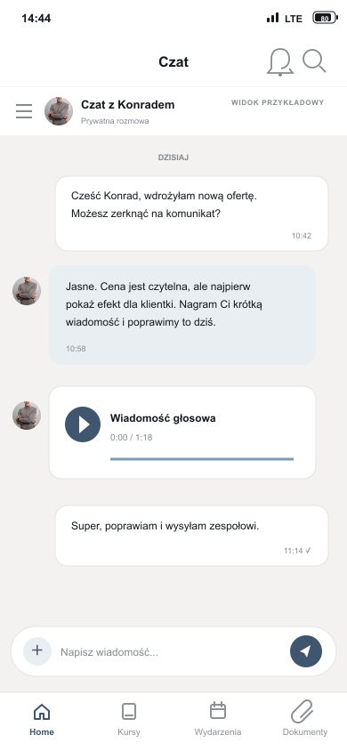 Przykładowy prywatny czat z Konradem w aplikacji Boss Hair 2.0